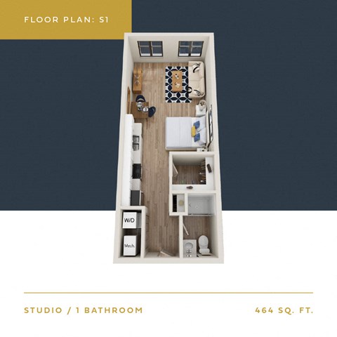 Floor plan for studio, 1 bath, 464 sqft